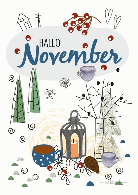 Hallo November, Illustration, Zeichnung, Herbst, Monat, Kalenderbild, Karten, Cards, Drawing, Print, silart, silartiges, happy draw November Drawings, November Poster, November Illustration, Hallo November, Cards Drawing, Happy Greetings, Bullet Journal Month, Kalender Design, Hello November