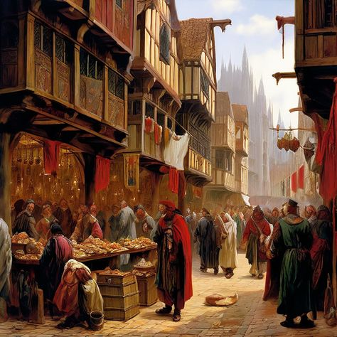 Medieval marketplaces brimming with characters of varied cla... by Nick Jordan - Playground Medieval Scotland Aesthetic, Fantasy Marketplace, Medieval Marketplace, Medieval Theatre, Scotland Aesthetic, Ac Ideas, Medieval Village, Fantasy Images, Safe Haven