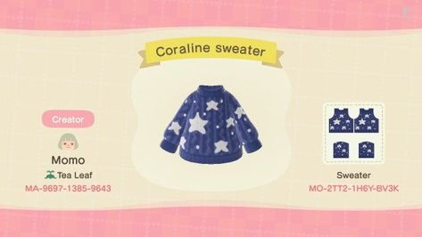 Animal Crossing Star Clothes, Coraline Animal Crossing Code, Acnh Coraline Outfit, Acnh Glasses Code, Acnh Star Clothes, Acnh Star Outfit, Animal Crossing Sweater Codes, Animal Crossing Star Design, Coraline Animal Crossing