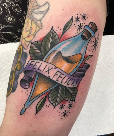 Harry Potter Inspired Tattoos, Felix Felicis Tattoo, Harry Potter Felix Felicis, Harry Potter Tattoo Sleeve, Luck Tattoo, Felix Felicis, Hp Tattoo, Grunge Tattoo, Tattoo Filler