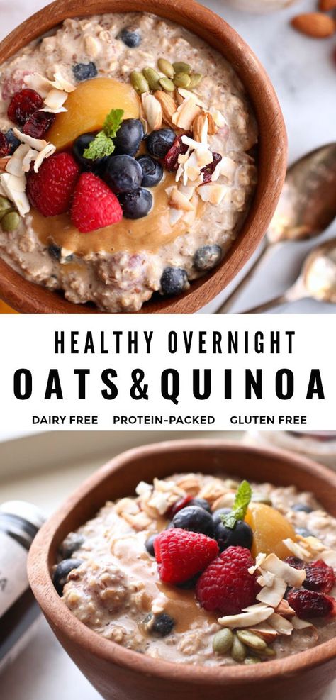 Breakfast just got easy with this no cook, vegan, overnight oats and quinoa recipe! It's vegan, super healthy, gluten free, and packed with protein! #glutenfree #overnightoats #dairyfree #vegan #breakfast