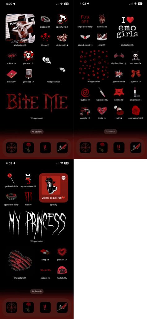 Phone Theme Ideas Red And Black, Red Emo Widgets, Black And Red Emo Wallpaper, Red And Black Homescreen Layout, Emo Red Wallpaper, Red Black Homescreen, Vampire Phone Theme, Black And Red Phone Theme, Gothic Phone Theme