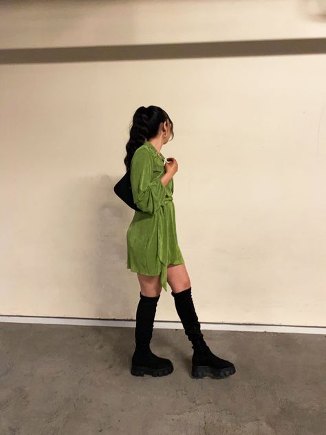 Boots Night Out Outfit, Dress Knee High Boots, Dress With Knee High Boots, Freudian Slip, Christmas Disco, Black Knee High Boots, Green Mini Dress, Night Out Outfit, Green Outfit