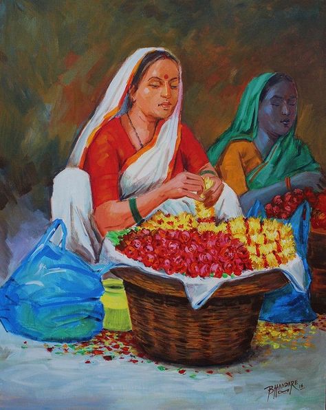 Flower Seller Painting, Flower Seller Drawing, Village Scene Drawing, Flower Seller, Memory Drawing, Oil Pastel Drawings Easy, Composition Painting, Indian Artwork, Human Figure Sketches