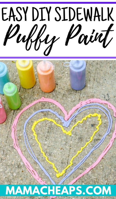 As the weather turns warmer and the kids start spending more and more time outside, I love finding easy, engaging, budget-friendly activities for them to enjoy. If you have never tried making your own DIY sidewalk puffy paint, you are missing out! It is so easy to make your own homemade sidewalk puffy paint - just 3 ingredients!! (flour, shaving cream, water) #diy #kids #paint #mamacheaps Puffy Chalk Paint, Sidewalk Paint Recipe, Diy Sidewalk Chalk Paint, Puffy Sidewalk Paint, Puffy Paint Recipe, Diy Kids Paint, Diy Sidewalk, Homemade Puffy Paint, Diy Puffy Paint