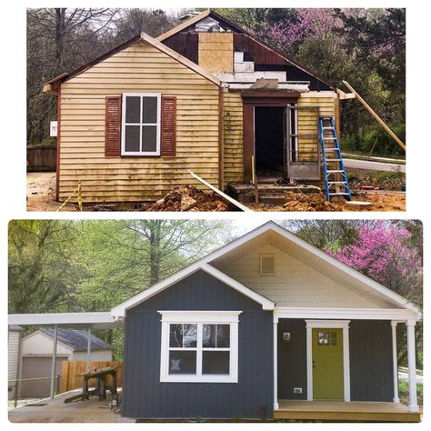 bathroom before and after, kitchen before and after, front porch addition, california casual, cottage, small kitchen, small bathroom remodel, small bathroom, board and batten siding, renovation Painted Siding Exterior Before And After, Dark Blue Board And Batten Siding, Dark Blue Cottage Exterior, Navy Cottage Exterior, Siding Before And After, Dark Blue Board And Batten Exterior, New Siding On House Before And After, Navy Blue Board And Batten Exterior, Blue Siding White Trim