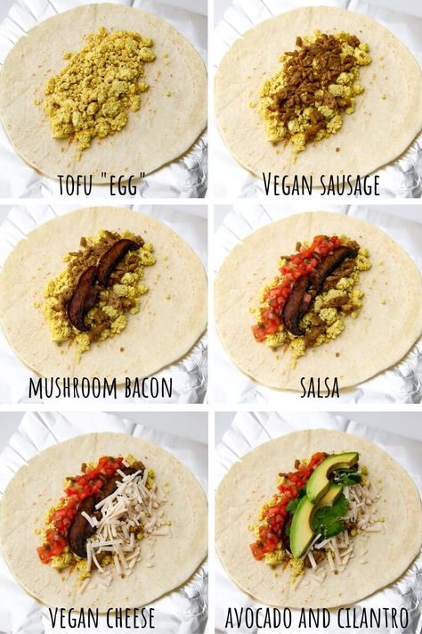 Vegan On The Go Breakfast, Breakfast Burrito Meal Prep, Bacon Salsa, Burrito Meal Prep, Savory Vegan Breakfast, Vegan Breakfast Sausage, Vegan Breakfast Sandwich, Vegan Scrambled Eggs, Quick Vegan Breakfast