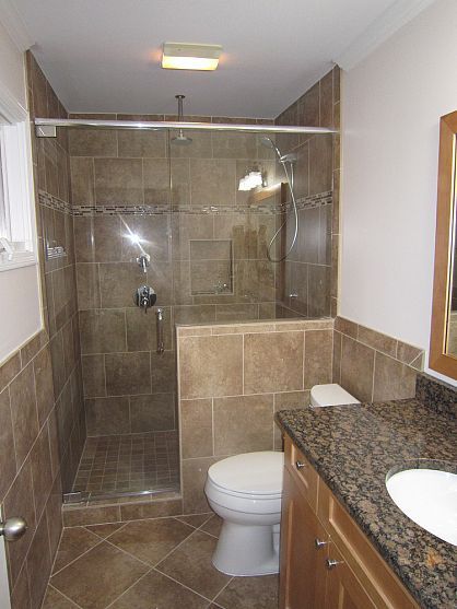 Idea for bathroom remodel. looks like our cabinetry from upstairs. too much tile; wood floor? Bathroom With Brown Tile Floor, Bathroom Remodel Small Diy, Makeover Kamar Mandi, Basement Bathroom Remodeling, Shower Style, Tile Wood, Small Bedrooms, Tile Color, Tiled Shower