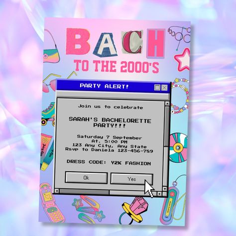 You're invited to a totally rad bachelorette party—Bach to the 2000's! Get ready to rewind time and celebrate with all the iconic vibes of Y2K. This invitation features a dazzling hologram-style background, retro early 2000’s graphics like CDs, ring pop candy, MP3 players, and shiny lip gloss. The playful scrapbook-style letters add a nostalgic flair, while the invitation details appear in a classic old computer message style, giving you all the tech feels of the early aughts. Perfect for any bride who wants to party like it’s 2000 all over again. This unique, fun, and trendy design is sure to set the tone for an unforgettable bachelorette celebration. Ready to get your throwback on? Let’s party like it's the Y2K era! Y2k Party Invite, High School Musical Bachelorette Party, 2000s Bachelorette Party Themes, Early 2000 Party Theme, Early 2000 Party, 2000s Party Invitation, 2000 Party Theme Early 2000s, Y2k Bachelorette Party, 2000s Party Theme