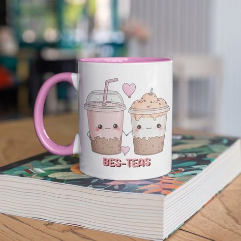 Best friends mug, Bes-Teas, cute unique gift for bestfriends, kawaii milktea, bff, friendship gift, two-toned coffee or tea cup #etsy #besties #bestfriends #bestfriendgift #friendshipgift #bestfriendsmug Friends Mug, Pretty Mugs, Best Friend Mug, Friend Mugs, Free Prints, Friendship Gifts, Box Packaging, Best Friend Gifts, Tea Cup