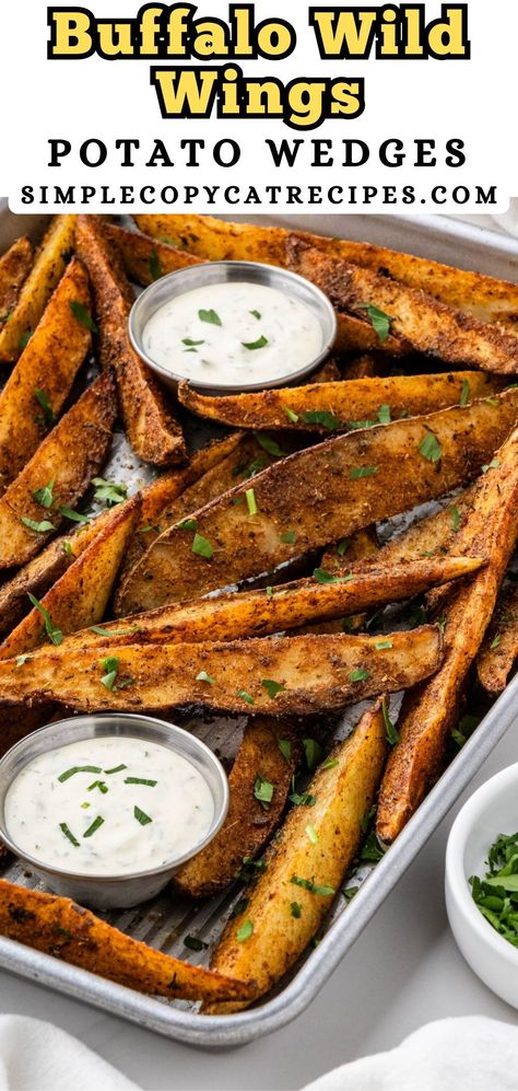 Copycat Buffalo Wild Wings Potato Wedges are crispy and easy-to-make. These deliciously flavored potato wedges are covered in a seasoning mix made of just a few simple ingredients. Pair them with classic buffalo wings and you have the perfect game day meal! Homemade Potato Wedges Deep Fried, Buffalo Wild Wings Potato Wedges Recipe, Buffalo Wild Wings Potato Wedges, Wings And Sides, Copycat Buffalo Wild Wings, Vegan Sweets Recipes, Seasoned Potato Wedges, Potato Wedges Recipe, Fruit Ideas