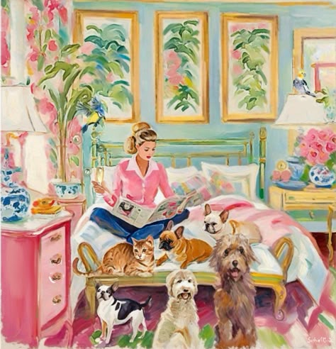 Grandmillennial Art, Catching up With the News, Whimsical Fine Art - Etsy Sunshine Mimosa, Woods House, Chinoiserie Prints, Dog Artwork, Pinterest Ideas, Chinoiserie Chic, Labradoodle, Southern Style, Giclee Art