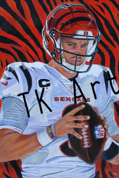 Original acrylic painting of cincinatti bengals quarterback Joe Burrow Cincinatti Bengals, Joe Burrow, Football Art, Football Helmets, Spiderman, Original Paintings, Acrylic Painting, Canvas Painting, Comic Book Cover