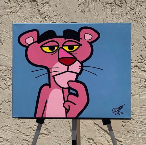 Disney Character Paintings Easy, Tweety Canvas Painting, Cartoon Oil Painting, Small Canvas Art Cartoon, Pop Culture Painting Ideas, Random Painting Ideas On Canvas Funny, Pink Panther Painting Canvas, Cute Blue Paintings Easy, Funny Paintings On Canvas