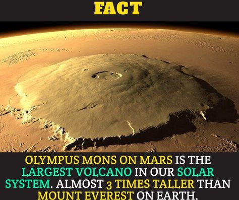 #Fact : Olympus Mons on Mars is the Largest Volcano in our Solar System. Almost 3 times taller than Mount Everest on #earth   #mountain #MountEverest #OlympusMons #Mars #solarsystem  #volcano Mars Pictures, Olympus Mons, Mars Surface, Monte Everest, Mars Planet, Mars Exploration, Sistem Solar, Mission To Mars, Family Ties