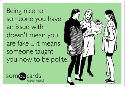 Being nice to someone you have an issue with doesn't mean you are fake ... it means someone taught you how to be polite. Quilting Quotes, Frosé, Golden Rule, Fun Quotes, E Card, Down South, Someecards, Quotable Quotes, The Words