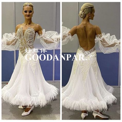 2020 new white costumes ballroom dance dress for women competition standard dress dancing clothes long sleeveostrich feather|Ballroom| - AliExpress White Ballroom Dress, Ballroom Dance Dresses Standard, Smooth Dance Dresses, Ballroom Dress Inspiration, Ballroom Standard Dress, Dancing Clothes, Ballroom Dance Dress, Ballroom Costumes, Latin Ballroom Dresses