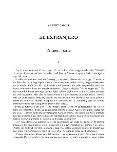 Albert camus-el extranjero - ALBERT CAMUS EL EXTRANJERO Primera parte I Hoy ha muerto mamá. O quizá - Studocu Albert Camus, Mask, Bts, Books