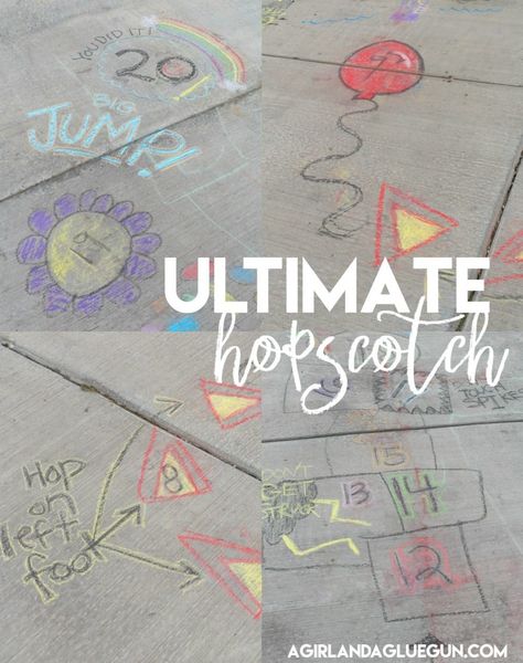 15 awesome games and activities to do with sidewalk chalk! - A girl and a glue gun Cool Hopscotch Ideas, Sidewalk Chalk Activities, Hopscotch Ideas, Sidewalk Chalk Games, Chalk Activities, Chalk Photos, Sidewalk Paint, School Age Activities, Street Game