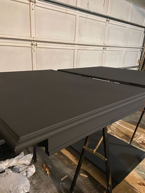 Modern Painted Coffee Table, Matte Black Dining Table, Painting Dining Room Table Black, Painted Black Dining Table, Diy Black Dining Table, Dining Room Table Makeover Paint, Black Table Wood Chairs, Black Painted Dining Table, Black Chalk Paint Table