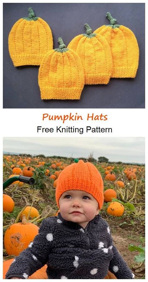 Free Pumpkin Hat Knitting Pattern, Halloween Knit Hat Patterns, Halloween Knits Free, Knitted Pumpkin Hat Free Pattern, Pumpkin Hats For Kids, Knitted Baby Hats Free Patterns, Halloween Knitting Patterns Free, Knitting Baby Hat, Heart Hats