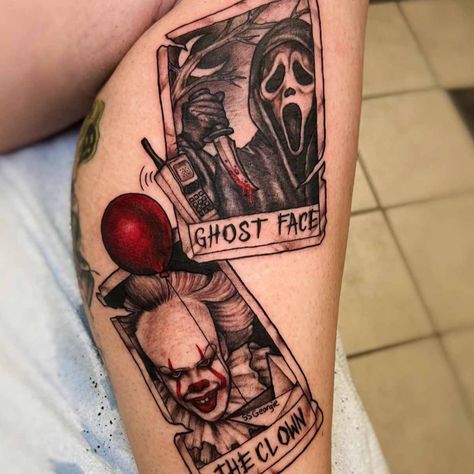 51 Horror Movie Tattoos From Slasher Scenes to Scream - Tattoo Glee Tattoo Ideas Scary Movies, Horror Sleeve Tattoo Ideas, Slasher Movie Tattoo, Scary Horror Tattoos, Horror Tattoo Women, Scream Tattoo Leg, Creep Show Tattoo, Horror Movie Leg Tattoos, Horror Tattoo Sleeve Women