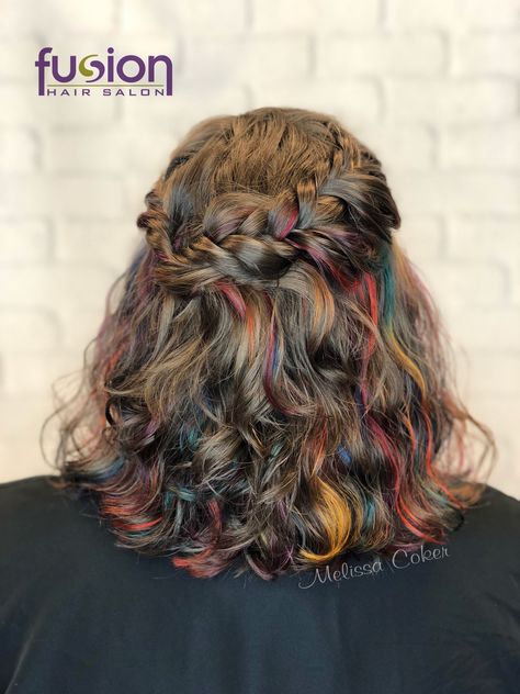 Curly Hair Rainbow Highlights, Rainbow Color Hair Ideas, Curly Hair With Color Underneath, Curly Hair Color Ideas Peekaboo, Under Color Curly Hair, Rainbow Highlights Black Hair, Rainbow Highlights In Brown Hair, Brown Hair With Rainbow Highlights, Fun Curly Hair Color