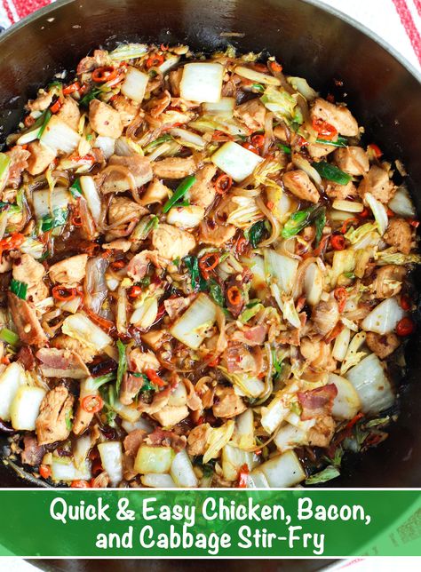 This Quick & Easy Chicken, Bacon, and Cabbage Stir-Fry is loaded with tender chicken breast pieces, smoky bacon, and an abundance of light and fresh Napa cabbage. It’s ready to go in just 35 minutes, and perfect for busy weeknights with a bowl of steamed white rice! #weeknightstirfry #chicken #bacon #cabbage #dinner #Asian #Chinesestirfry #quickandeasy #recipe | thatspicychick.com Bacon And Cabbage, Chicken Breast Pieces, Bacon Cabbage, Dinner Asian, Asian Stir Fry Recipe, Quick Easy Chicken, Blackstone Recipes, Chicke Recipes, Cabbage Stir Fry