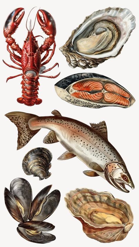 Editable vintage Seafood illustration design element set | premium image by rawpixel.com / Pitcha Benrohman Sea Food Illustration, Seafood Illustration, Awesome Designs, Vintage Fishing, Free Design Resources, Set Design, Creative Studio, Design Element, Vintage Illustration