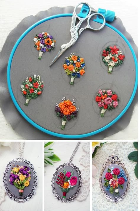 Hand Embroidered Jewelry by Bogdana Prots Embroidered Jewelry Diy, Mini Embroidery Patterns Free, Embroidered Jewelry Handmade, Mini Embroidery Patterns, Hand Embroidery Jewelry, Wedding Headbands, Sulaman Pita, Hand Embroidered Jewelry, Abstract Pencil Drawings