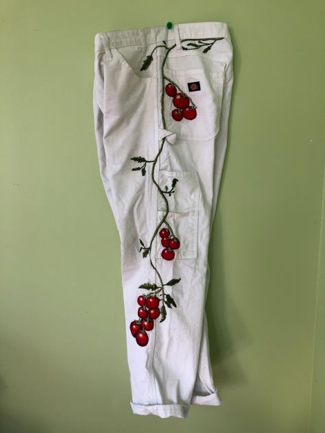 Cargo Pants Embroidery, Hand Embroidered Denim, Pastel Pants, Embroidery Fall, Embroidered Pants, Fun Fabric, Spring 23, Tomato Plants, Summer Projects