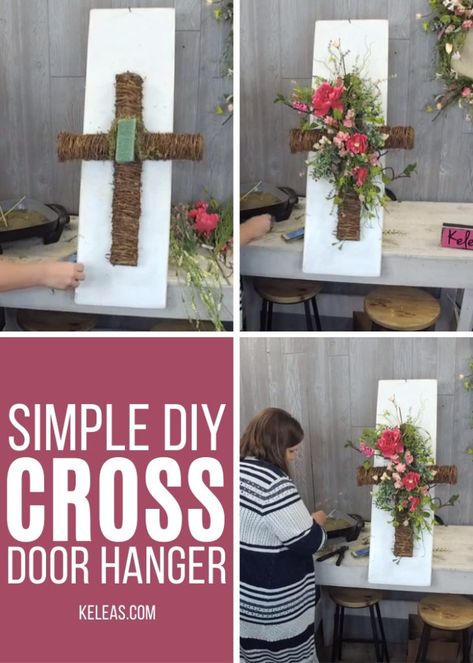 Cross Cemetery Arrangements, Floral Cross Door Hanger, Floral Cross Wreath, Floral Cross Arrangement, Grapevine Cross Wreath, Faith Door Hanger, Easter Flower Cross, Diy Cross Decor Ideas, Diy Memorial Wreath