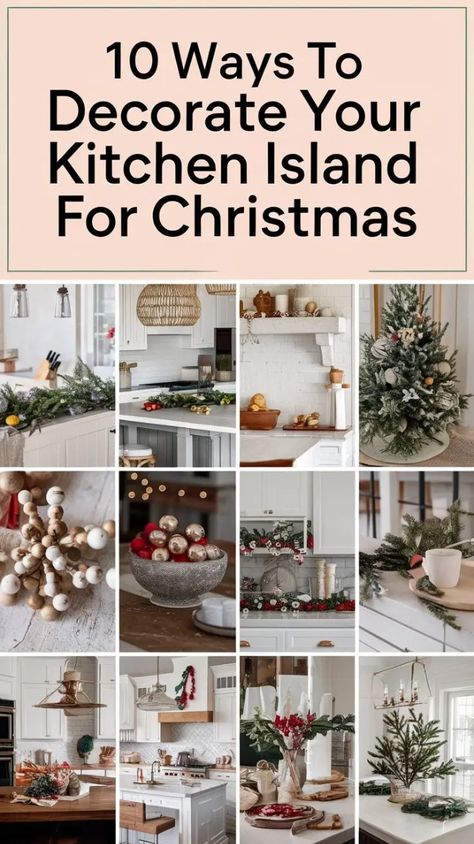 Ready to deck out your kitchen island for Christmas? Discover 10 easy and elegant ideas to create a stunning Christmas kitchen island decor that will impress your guests. From tiered trays of holiday treats to beautiful seasonal fruit displays, find inspiration for a beautiful and functional space. Get creative with ornaments, pinecones, and ribbons to add a personal touch! #ChristmasDecor #KitchenIsland #HolidayInspiration Christmas Decoration Kitchen Island, Xmas Decor For Kitchen Island, How To Decorate Kitchen Countertops For Christmas, Center Island Christmas Decor, Christmas Kitchen Countertop Decor Ideas, Decorate An Island In Kitchen, Decorating Kitchen Counter For Christmas, Holiday Countertop Decor, Holiday Island Decor