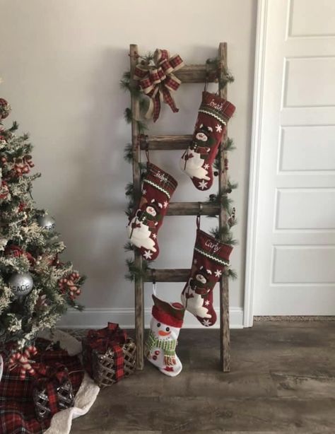 Xmas Ladder Ideas, Ladders Decorated For Christmas, Ladder With Stockings Christmas, Stocking Ladder Christmas, Stockings On Ladder, Ladder Decor Christmas, Christmas Ladder Decor, Ladder Christmas Decor, Christmas Ladders Ideas