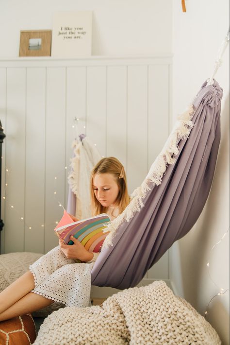 Room Hammock, Girls Rainbow Bedroom, Kids Hammock, Indoor Hammock, Daycare Decor, Bed Photos, Indoor Swing, Room Corner, Kids Room Furniture