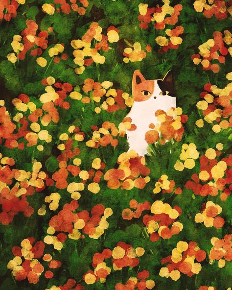 Field Flowers Illustration, Cat In Field, Mystery Illustration, Cats In Flowers, Meadow Illustration, Flowers And Cats, Flower Garden Drawing, Cats And Flowers, Cottagecore Vibes