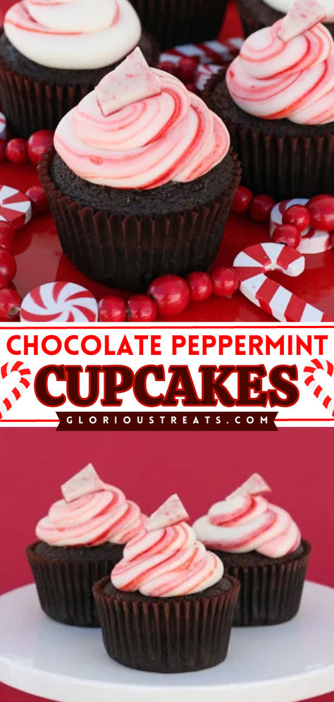 Add these Chocolate Peppermint Cupcakes to your favorite Christmas baking ideas! These homemade chocolate cupcakes are topped with a special holiday peppermint frosting. Pin this easy Christmas dessert idea! Peppermint Frosting, Chocolate Peppermint Cupcakes, Peppermint Cupcakes, Peppermint Cake, Peppermint Cream, Bored Board, Holiday Cupcakes, Bake Goods, Cupcake Wars