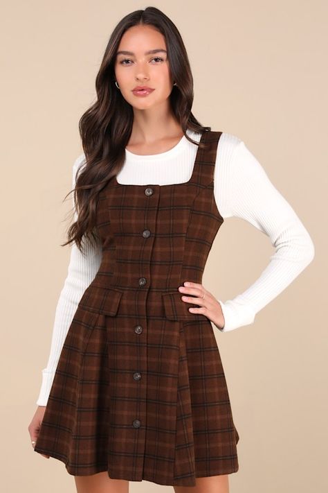 Autumn Approach Brown Plaid Sleeveless Button-Up Mini Dress Styling Fall Outfits, Layered Dress Outfit Fall, Fall Outfits Women Dresses, Flannel Dress Outfit, Fall Pictures Outfits, Cute Fall Looks, Layering Dresses, Cute Fall Clothes, Dress Outfits Ideas