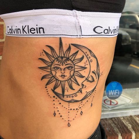 Moon Tattoo Ribs, Moon Rib Tattoo, Sun Moon Tattoo, Tattoo Ribs, Moon Sun Tattoo, Ribcage Tattoo, Moon Tattoo Designs, Sun Tattoos, Rib Tattoo