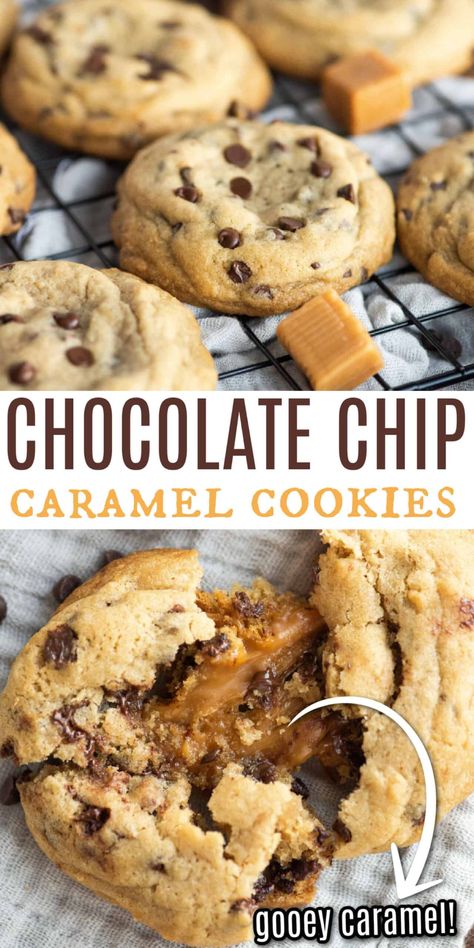 Caramel Chocolate Chip Cookies have a chewy cookie base filled with ribbons of sweet caramel. This easy recipe turns a familiar favorite cookie into an extra decadent treat! Caramel Filled Chocolate Chip Cookies, Cookies With Kraft Caramels, Caramel Pecan Chocolate Chip Cookies, Cookies With Caramel Bits, Chocolate Chip Cookies With Caramel, Chocolate Chip Caramel Cookies, Caramel Chip Cookies, Caramel Cookies Recipes, Decadent Cookies