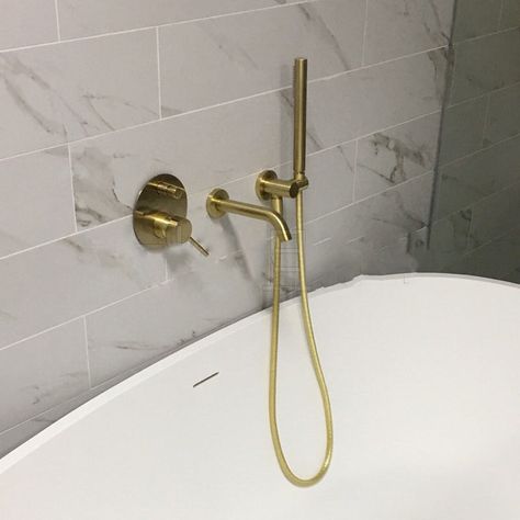 Wall Mounted Bath Tap with Mixer Valve and Handheld Shower Kit, Brushed Gold  | eBay Cheap Bathtubs, Gold Bathroom Faucet, Gold Bad, Wall Mounted Bath Taps, Bathtub Faucets, Wall Mount Tub Faucet, Bathtub Filler, Gold Faucet, Shower Over Bath