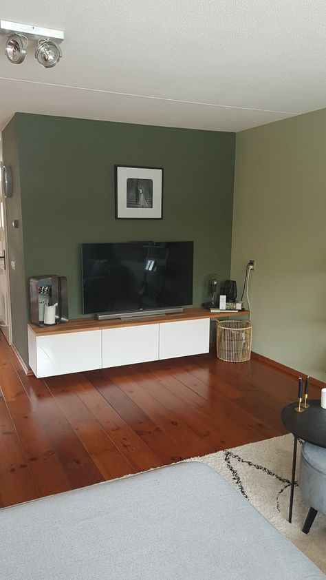 Besta Ikea Tv, Olive Living Room, Living Room Design Green, Olive Living Rooms, Living Room And Bedroom Combo, Besta Ikea, Ikea Tv, Tv Unit Design Modern, Olive Green Walls