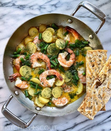 Buttery Shrimp with Peas and Potatoes Buttery Shrimp, Creamer Potatoes, Pan Shrimp, Potato Leek, Buffalo Mozzarella, Almond Crusted, Easy Pasta Dishes, Large Shrimp, Shrimp Dishes