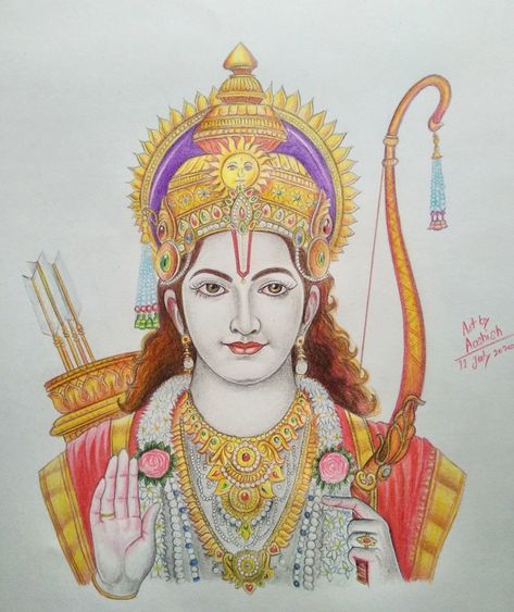 Drawing of Ram ji using Doms colour pencil. Ram Sita Half Face Drawing, Ram Ji Watercolor Painting, God Ram Drawing, Panting Pencil Colour, Ram Siya Drawing, Lords Drawing, Ram Ji Painting, Lord Ram Drawing, Ram Ji Sketch