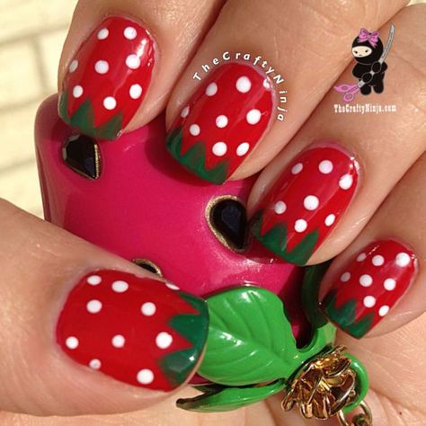 Cute Strawberry Nails, Diy Nails Tutorial, Strawberry Nails, Kids Nail Designs, Girls Nail Designs, Nail Art For Kids, Fruit Nail Art, Watermelon Nails, Dot Nail Art