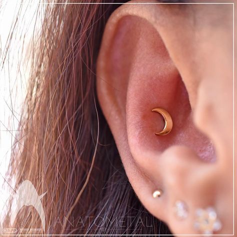 Aesthetic Ambition on Instagram: “La Luna...she is beautiful, no? Fresh conch piercing with solid 18k yellow gold crescent moon from @anatometalinc 🌙 Piercing and photo by…” Conch Ideas Piercing, Moon Piercing, Gold Crescent Moon, Piercing Ideas, Conch Piercing, Conch, Crescent Moon, Crescent, Piercings