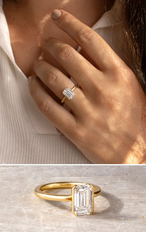 Avian 💍 The elevated bezel allows for maximum light play and accommodates a variety of wedding band styles to tuck underneath.  The perfect ring for those of you who love a clean and modern look.  #modernringdesign #diamondrings #engagementrings #bezelring #solitiarering #uniquerings Modern Ring Design, Yellow Gold Solitaire Engagement Ring, Bezel Set Engagement Ring, Wedding Band Styles, Gold Solitaire Engagement Ring, Bezel Engagement Ring, Yellow Gold Solitaire, Bezel Ring, Fine Jewellery