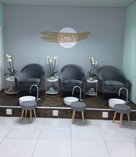 Pedicure stations at Toni’s Nail Bar Pedicure Stations Ideas, Pedicure Stations Designs, Mani Pedi Station Ideas, Nail Bar Design Decor, Pedicure Shop Design, Pedi Station Ideas, Pedicure Station Ideas Diy, Pedicure And Manicure Ideas, Salon Pedicure Station Ideas