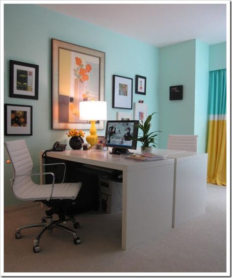 Inspiration and my Tiffany Blue Office | Maria Killam | True Colour Expert | Decorator Tiffany Blue Office, Tiffany Blue Walls, Turquoise Office, Cheap Office Furniture, Office Paint Colors, Maria Killam, Office Photos, Desk Layout, Blue Office