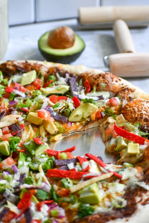 Cpk Recipes, California Pizza Kitchen Recipes, Soft Pizza Dough, Tostada Pizza, Blt Pizza, Jalapeño Ranch, Refried Black Beans, Mexican Entrees, Copy Cat Recipe